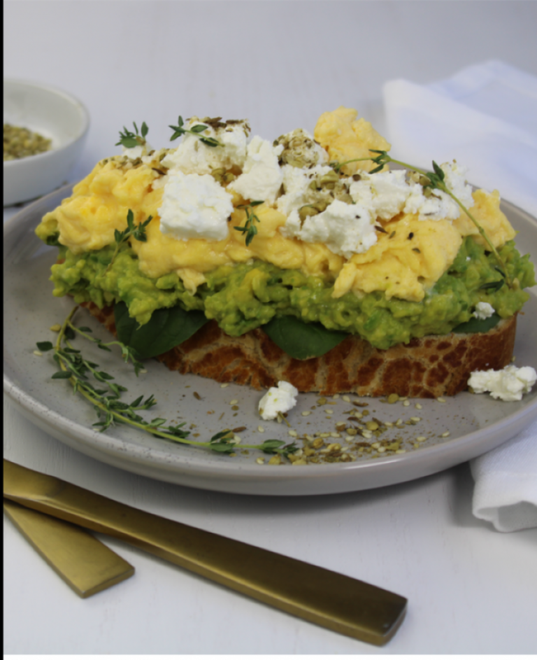 Scrambled Eggs with Avocado, Goat Cheese and Dukka - Sunny Queen Farms